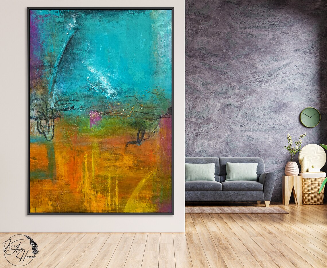 Teal Amber Abstract Horizon Thin Line Modern Art Wall Poster - Image 3