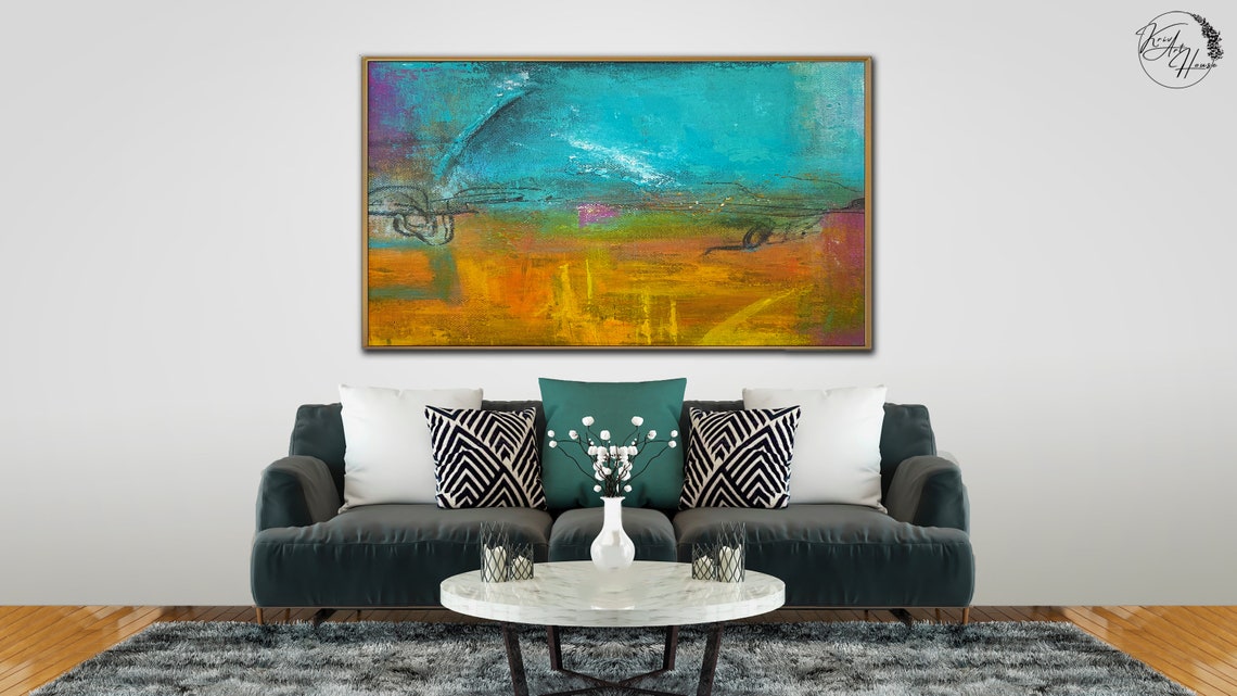 Teal Amber Abstract Horizon Thin Line Modern Art Wall Poster - Image 2