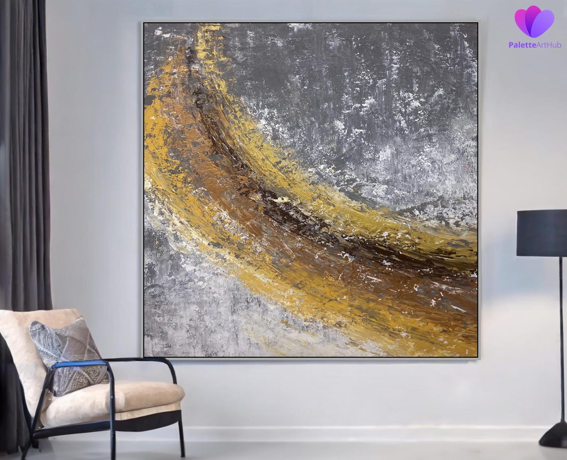 Golden Ochre Sweep Across Grey Textured Modern Abstract Poster - Image 3