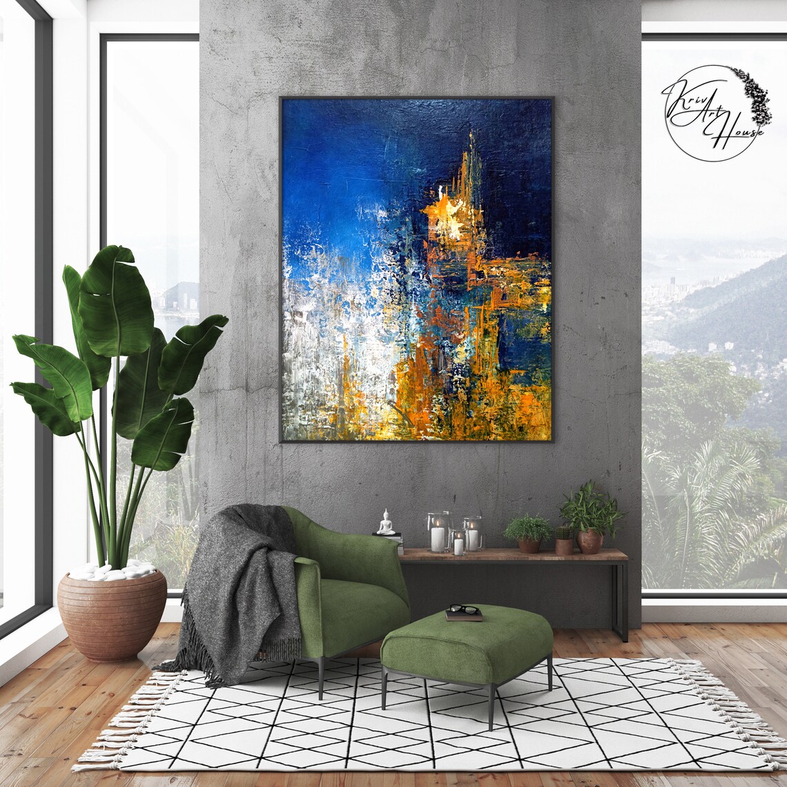 Blue Gold Abstract Fiery Orange Bursts Textured Canvas Art Poster - Image 2