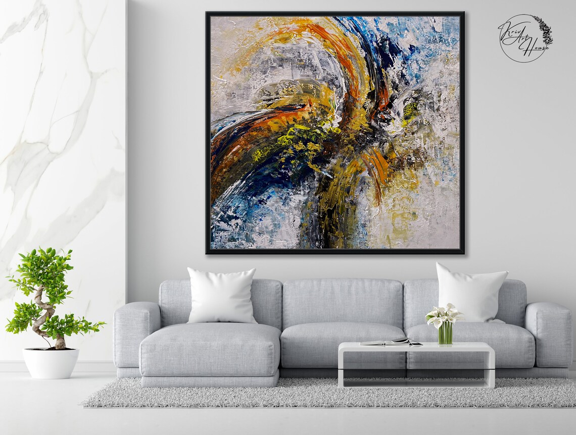 Orange Blue Gold Swirl Energetic Abstract Painting Modern Wall Poster - Image 2