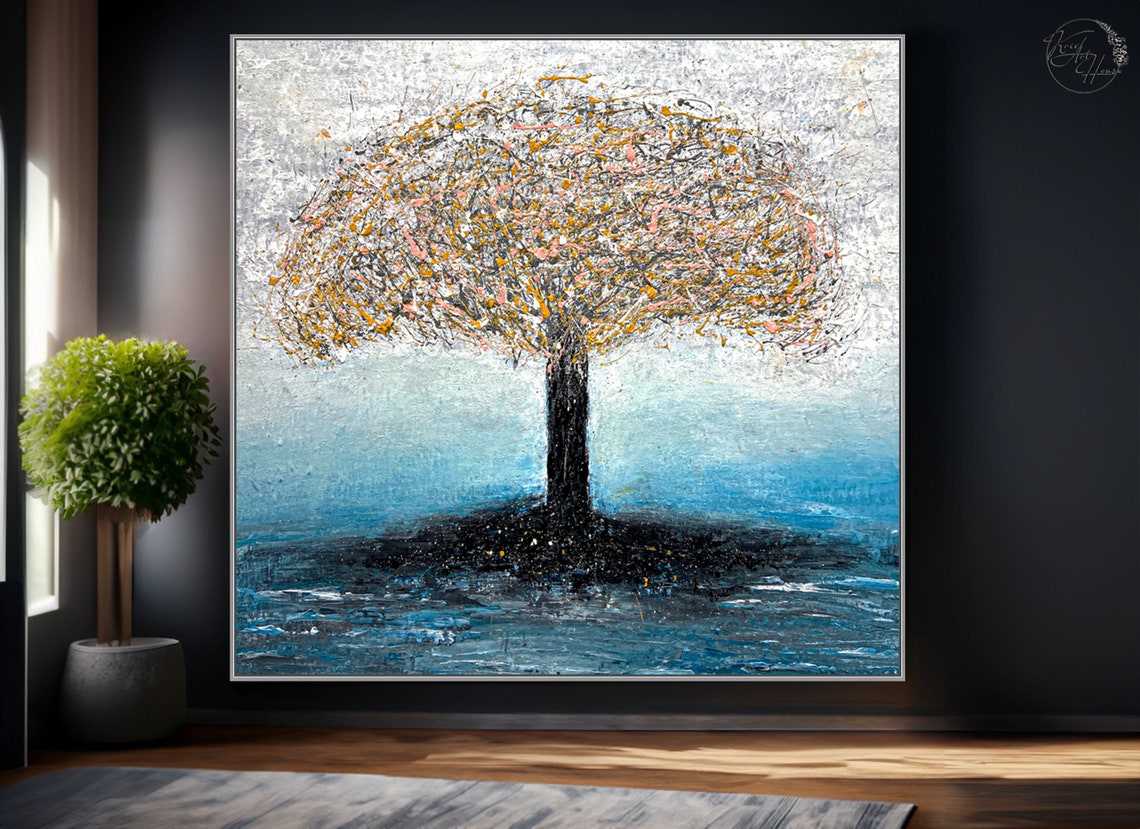 Golden Tree Blue Water Abstract Painting Nature Modern Wall Poster - Image 3
