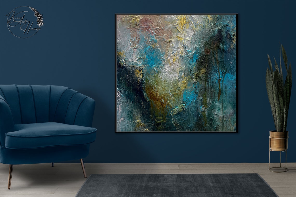 Deep Blue Teal Gold Textured Ocean Abstract Horizontal Poster - Image 4