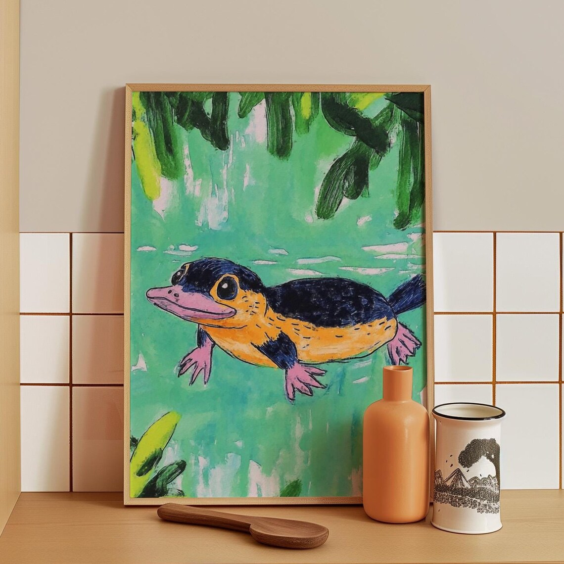 Cheerful Platypus Swimming Through Green Jungle River Water Poster