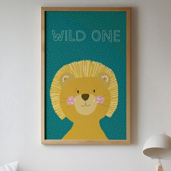 Wild One Cute Lion Teal Nursery Kids First Birthday Party Decor Poster