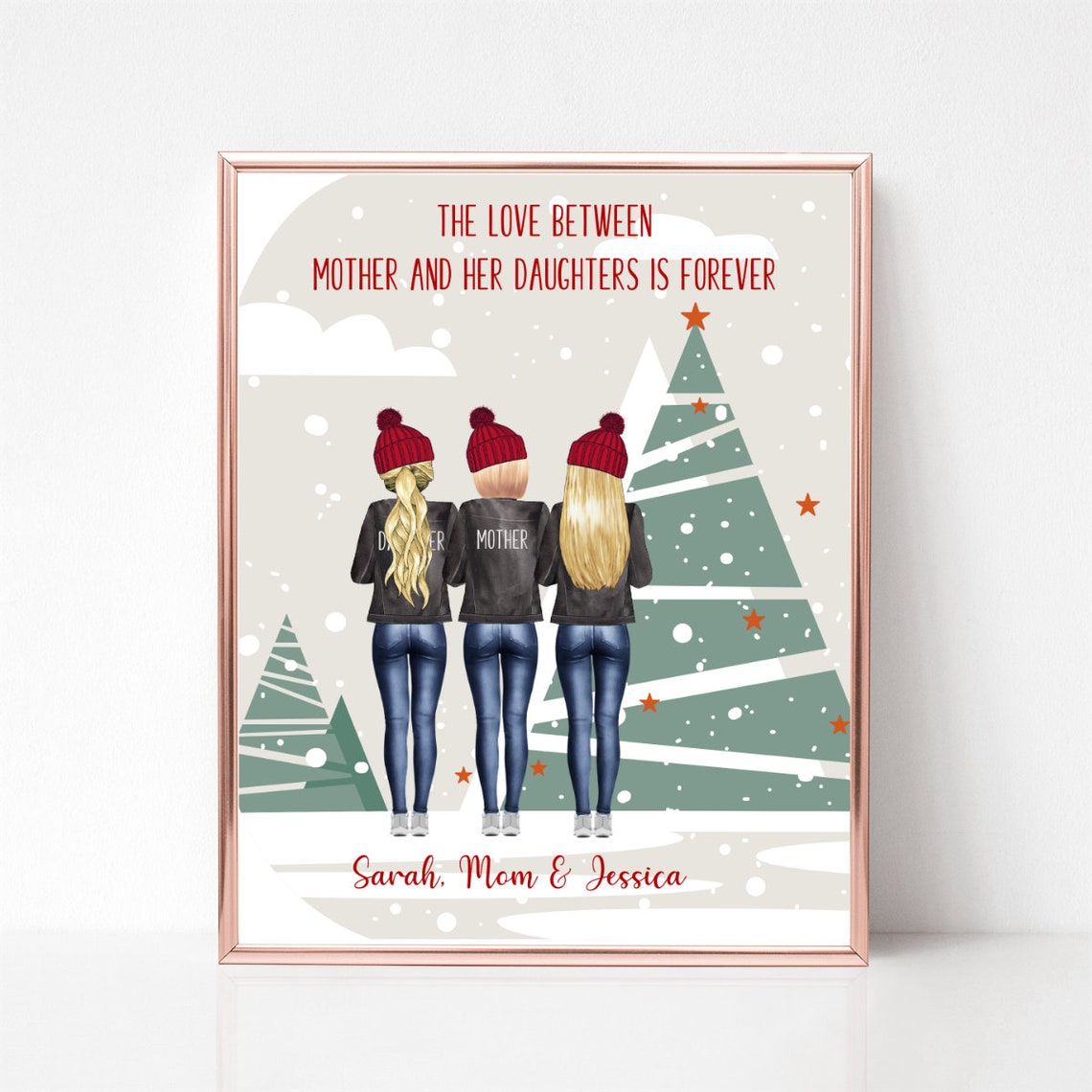 Mom And Two Daughters In Christmas Beanies Snowy Trees Poster - Image 3