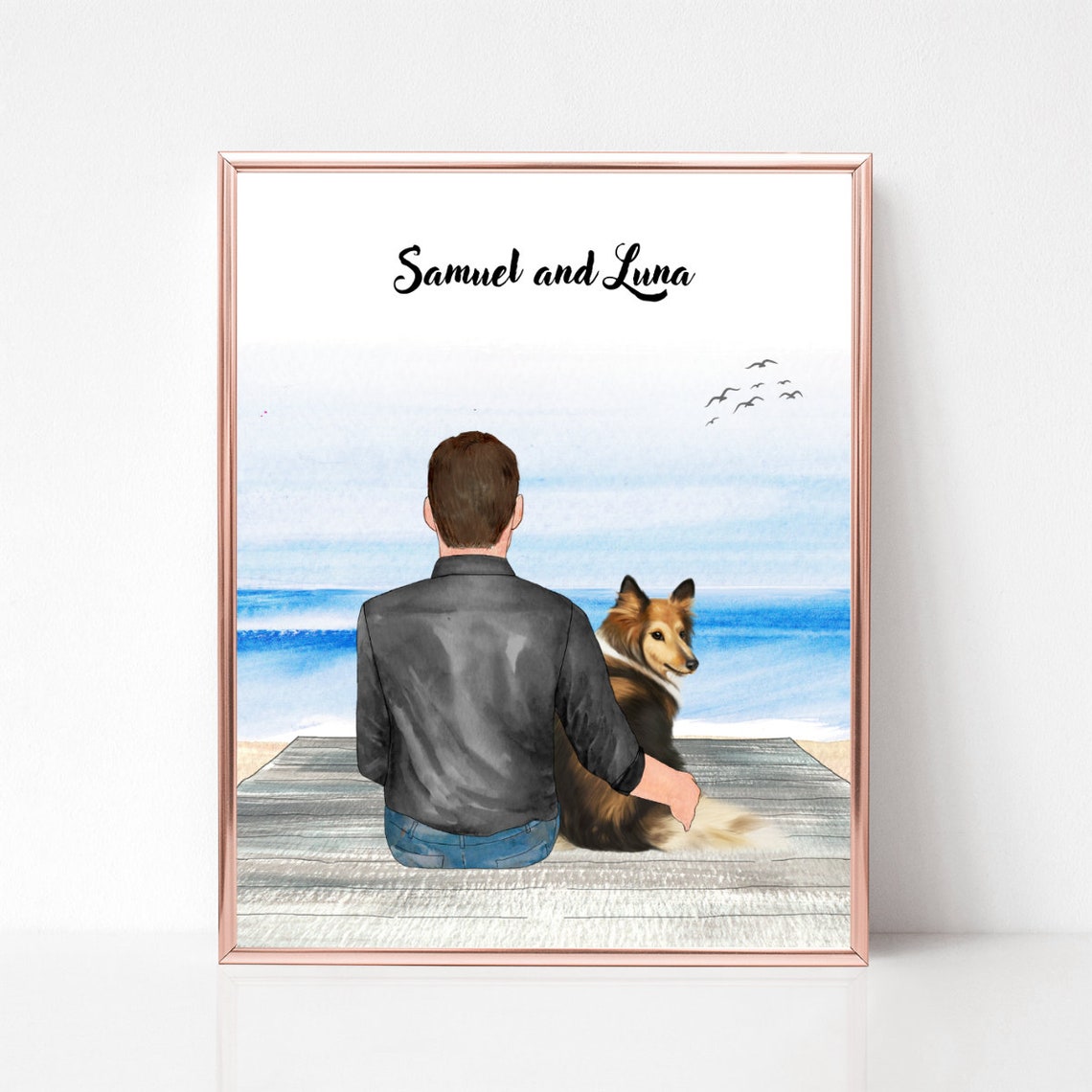 Man and Dog Best Friends Beach Sunset Personalized Portrait Poster