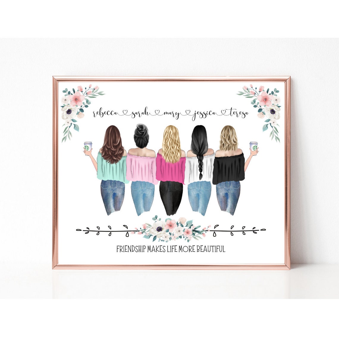 Five Best Friends With Coffee Cups Friendship Quote Gift Poster