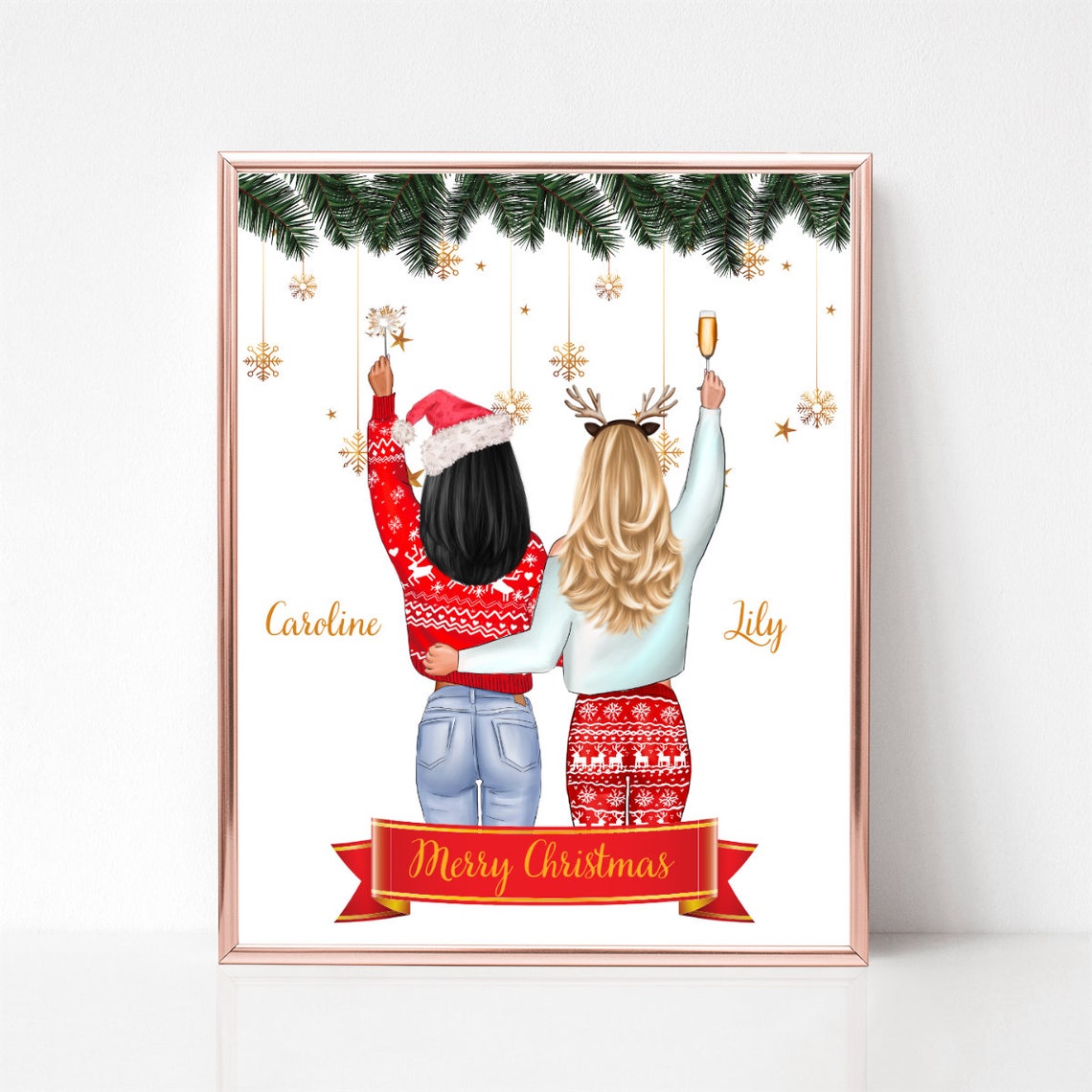 Merry Christmas Best Friends in Holiday Sweaters Custom Name Poster