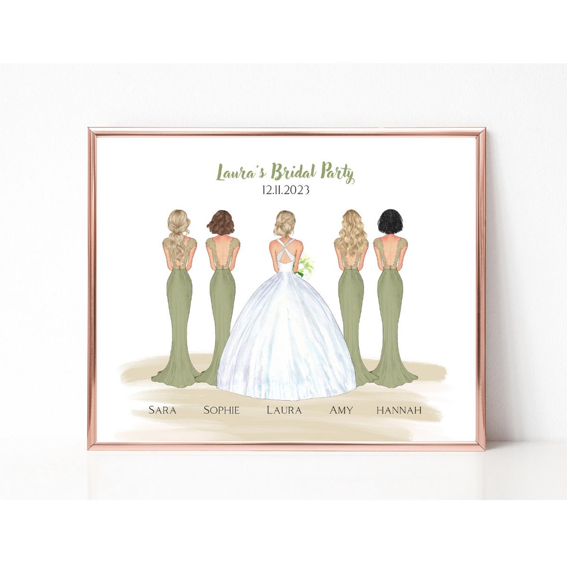Bride With Four Bridesmaids Green Dresses Personalized Bridal Party Poster