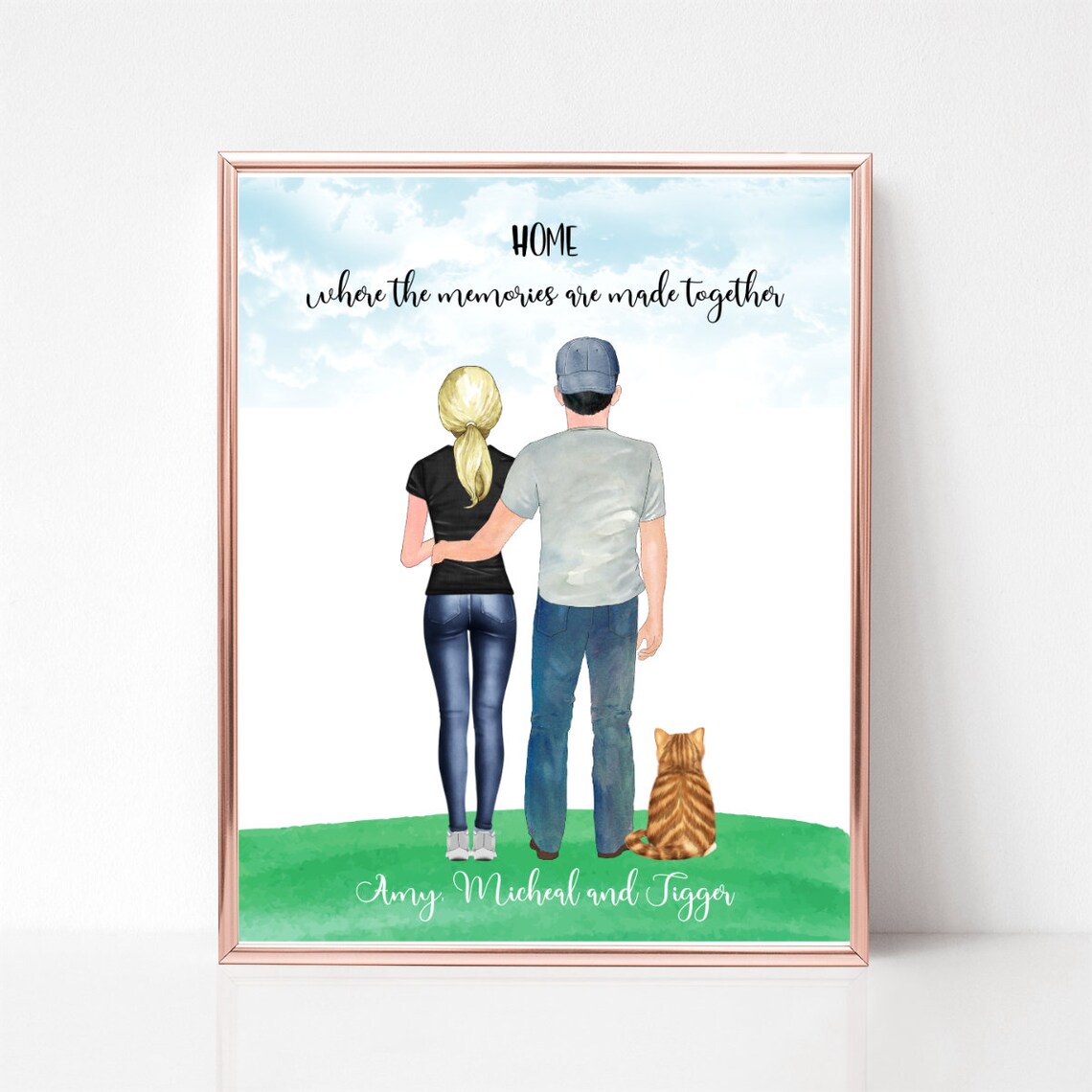 Personalized Family With Cat Portrait Home Memories Custom Housewarming Print