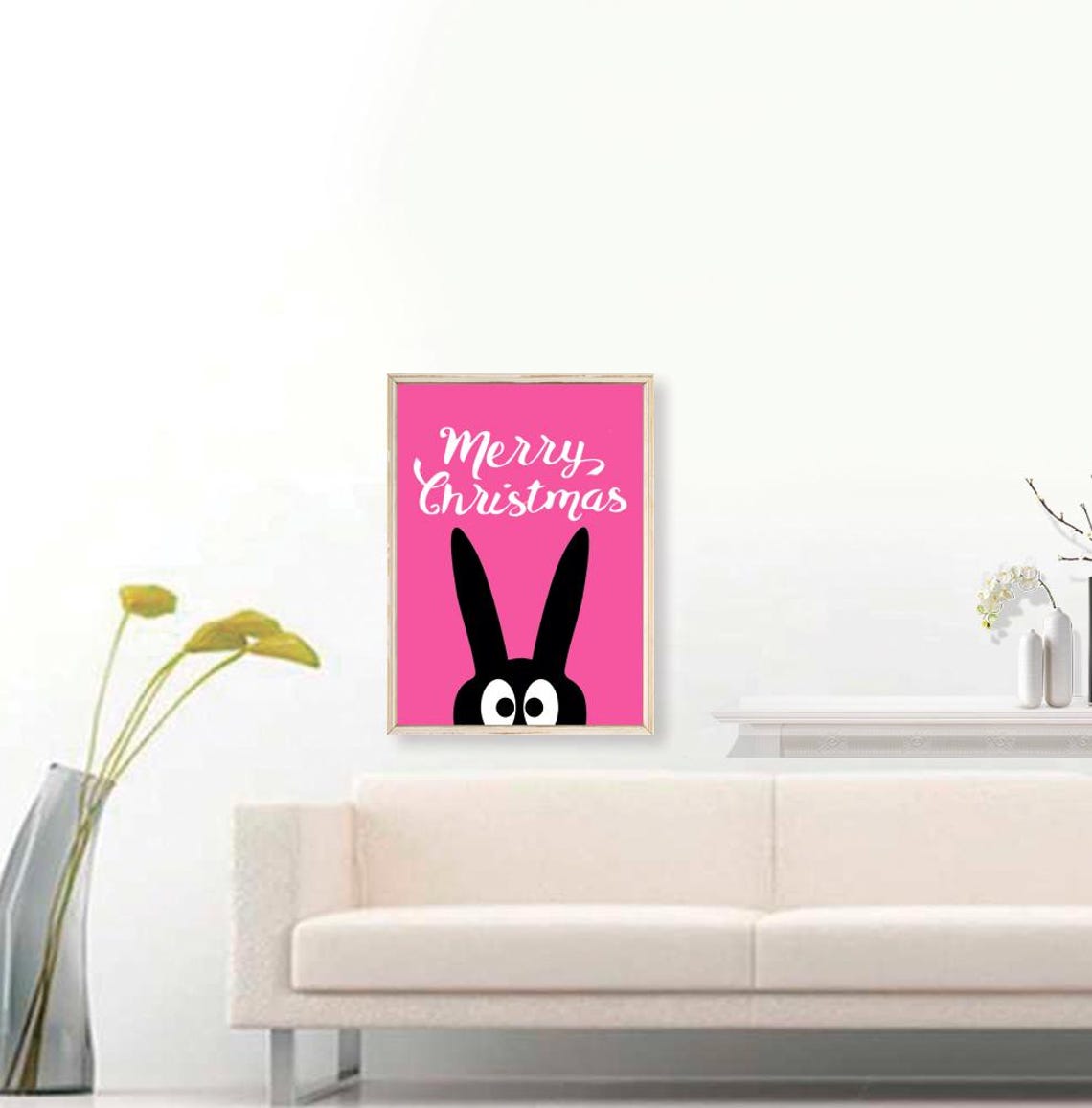 Merry Christmas Pink Funny Peeking Bunny Script Holiday Print - Image 3