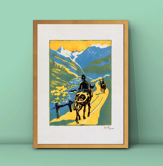 Yellow And Blue Painting Blue Mountains Print Vintage Mule Poster Vintage Animal Poster
