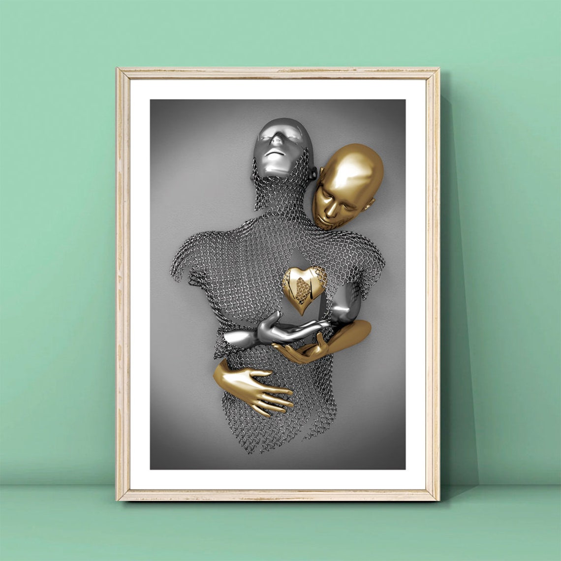 Silver And Gold Lovers Embrace With Heart Metallic 3D Love Poster