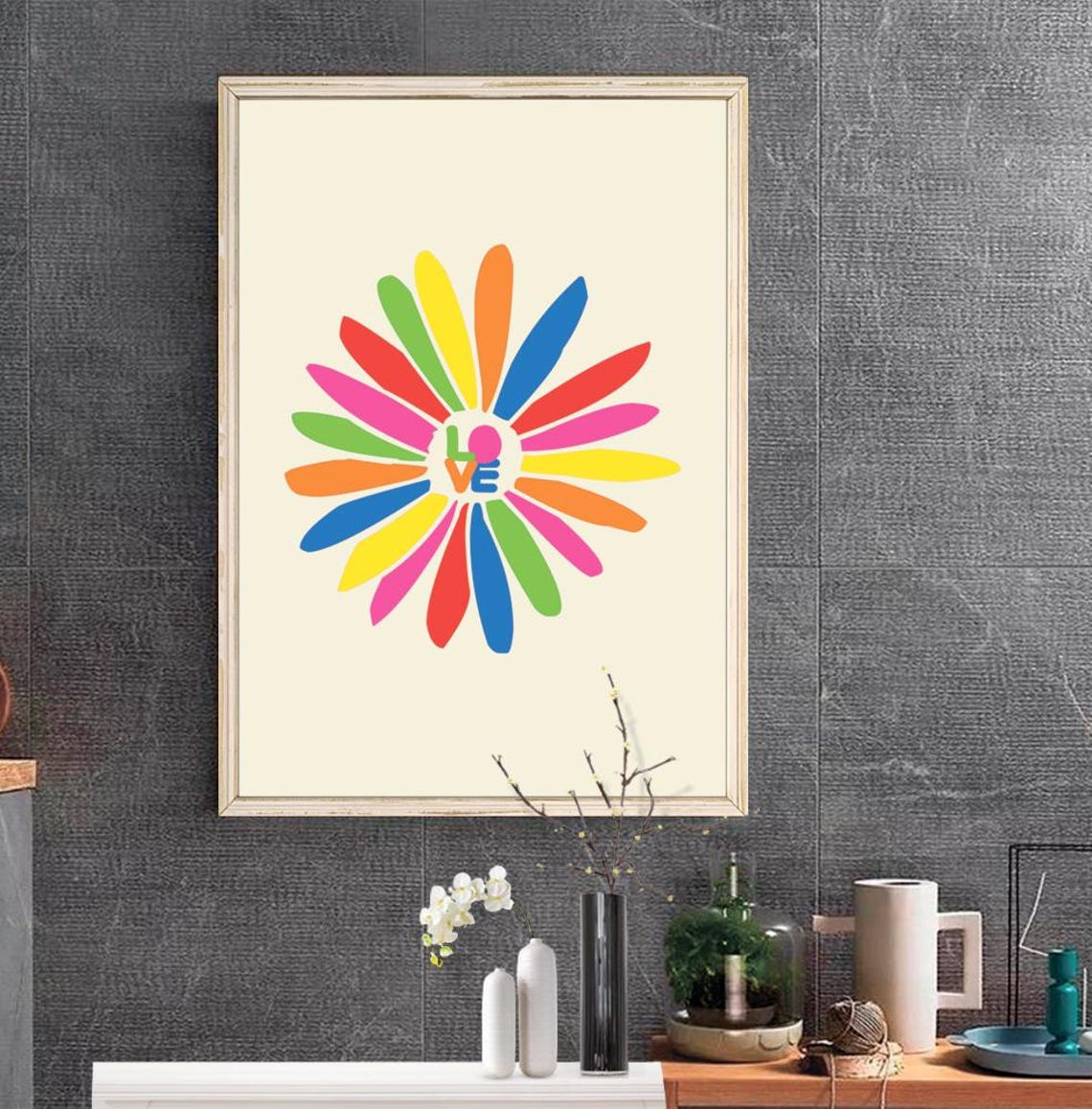 Rainbow Daisy Flower Love Word Retro Hippie Groovy Style Poster - Image 2