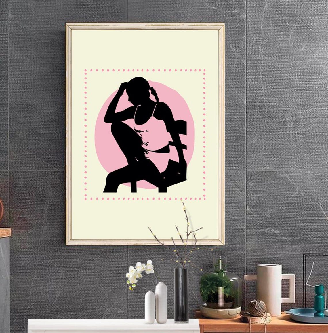 Woman Silhouette Seated Adjusting Hair Pink Boho Art Decor Poster - Image 2