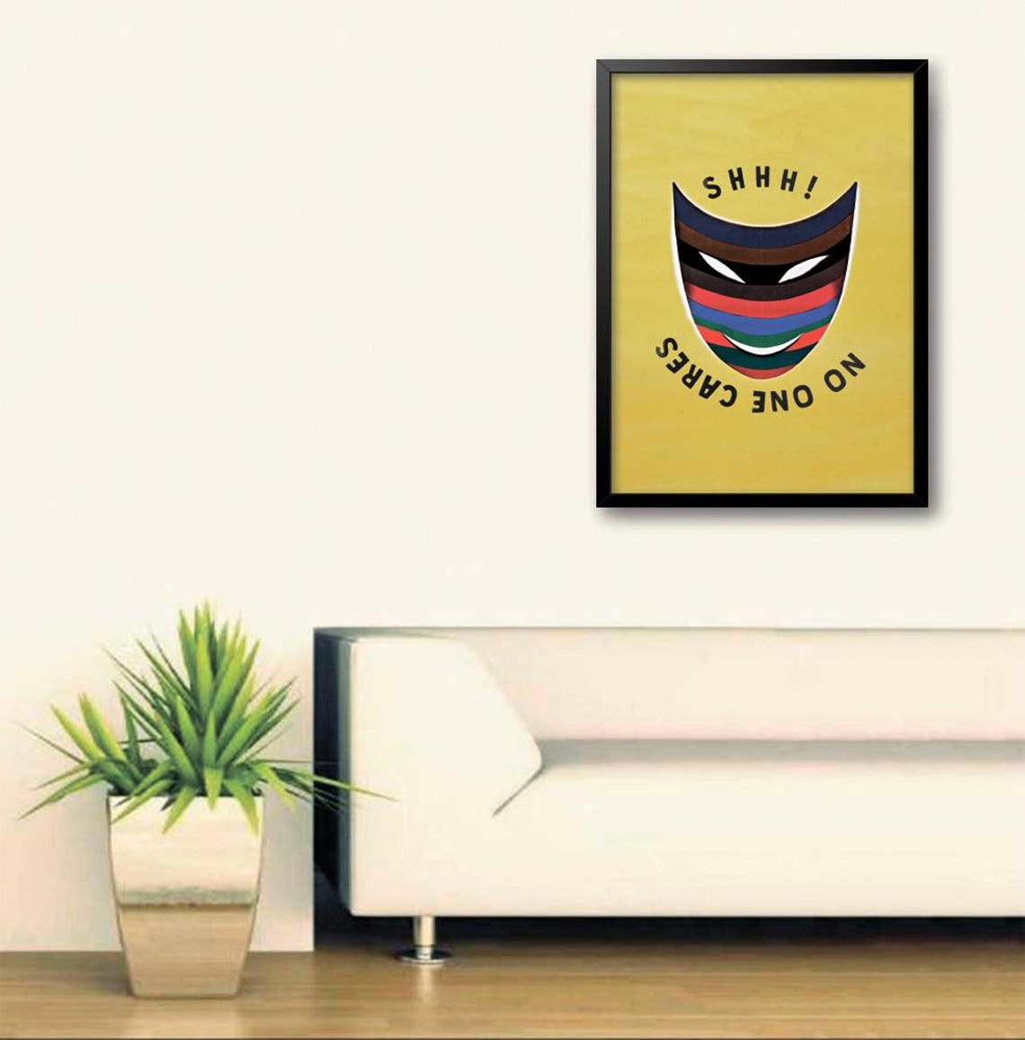 Shhh No One Cares Funny Striped Mask Yellow Humor Art Poster - Image 3