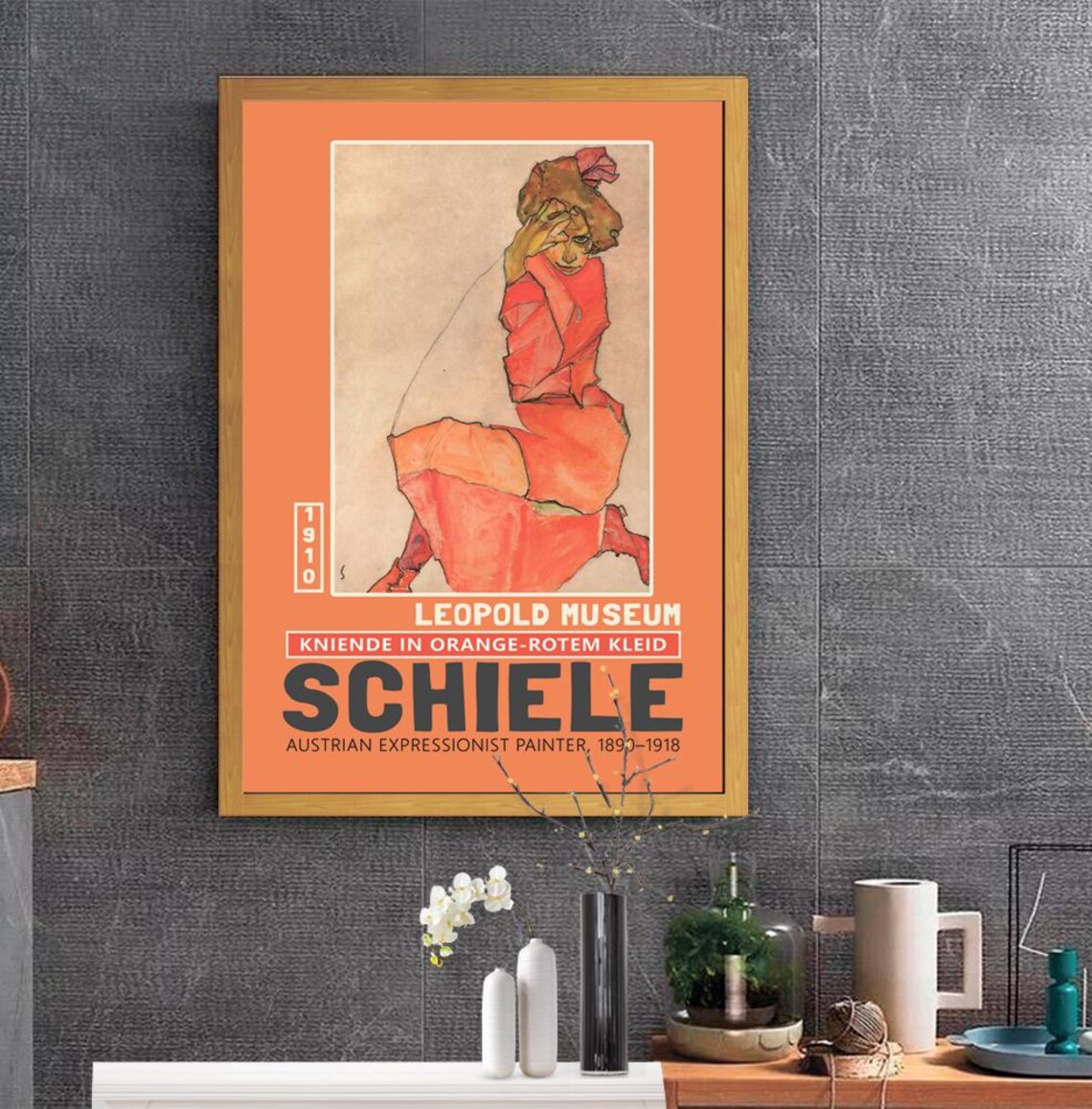 Egon Schiele Kneeling Female in Orange Red Dress Art Print - Image 2