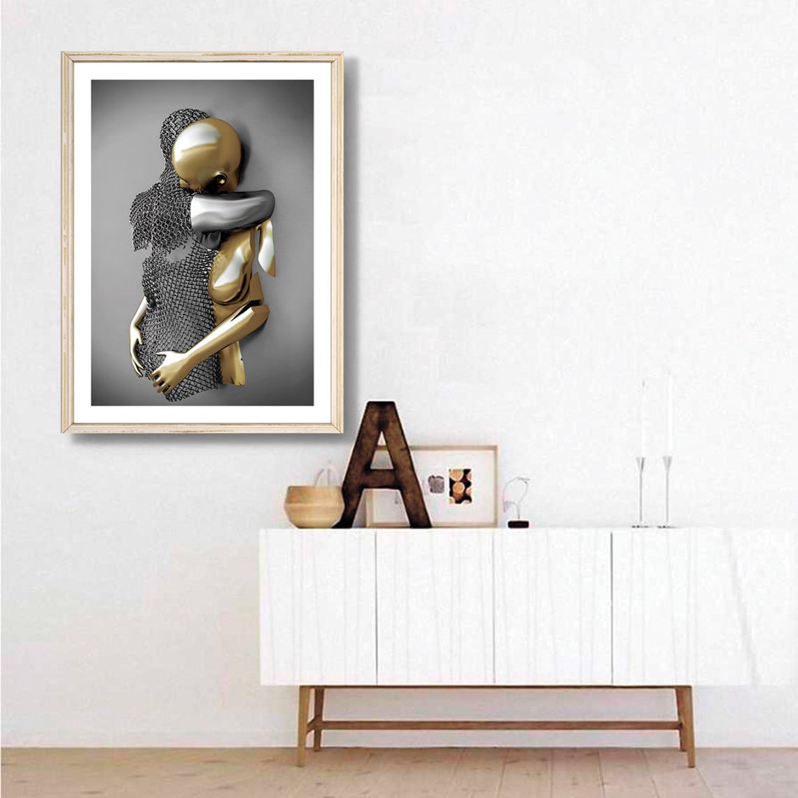 Silver and Gold Embracing Couple 3D Metallic Abstract Love Poster - Image 3