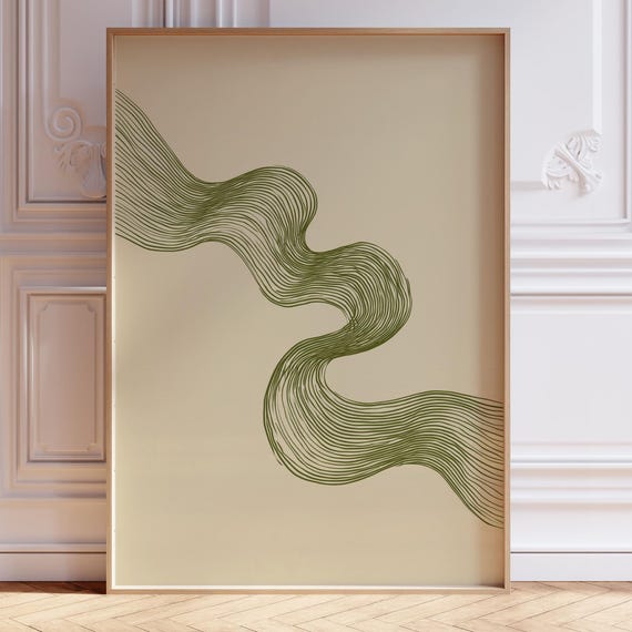 Green Minimalist Lines Art Flowing Abstract Print Wall Decor Mid Century Modern Apartment