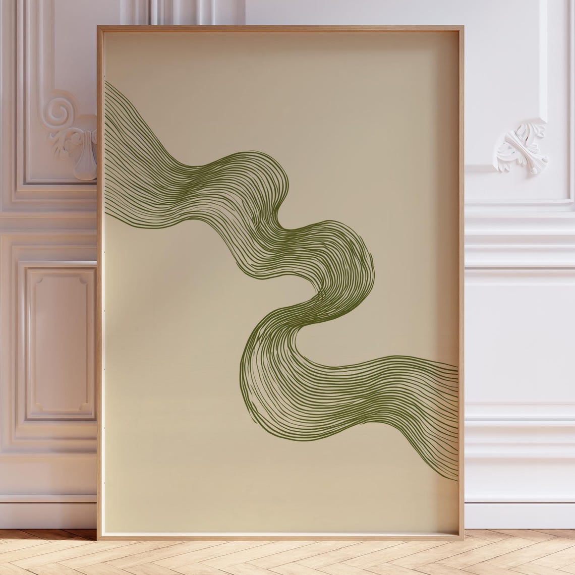 Green Meandering Band Lines Abstract Beige Minimalist Modern Art Print
