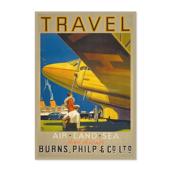 Vintage Air Land Sea Travel Poster Burns Philp and Co Airline Art