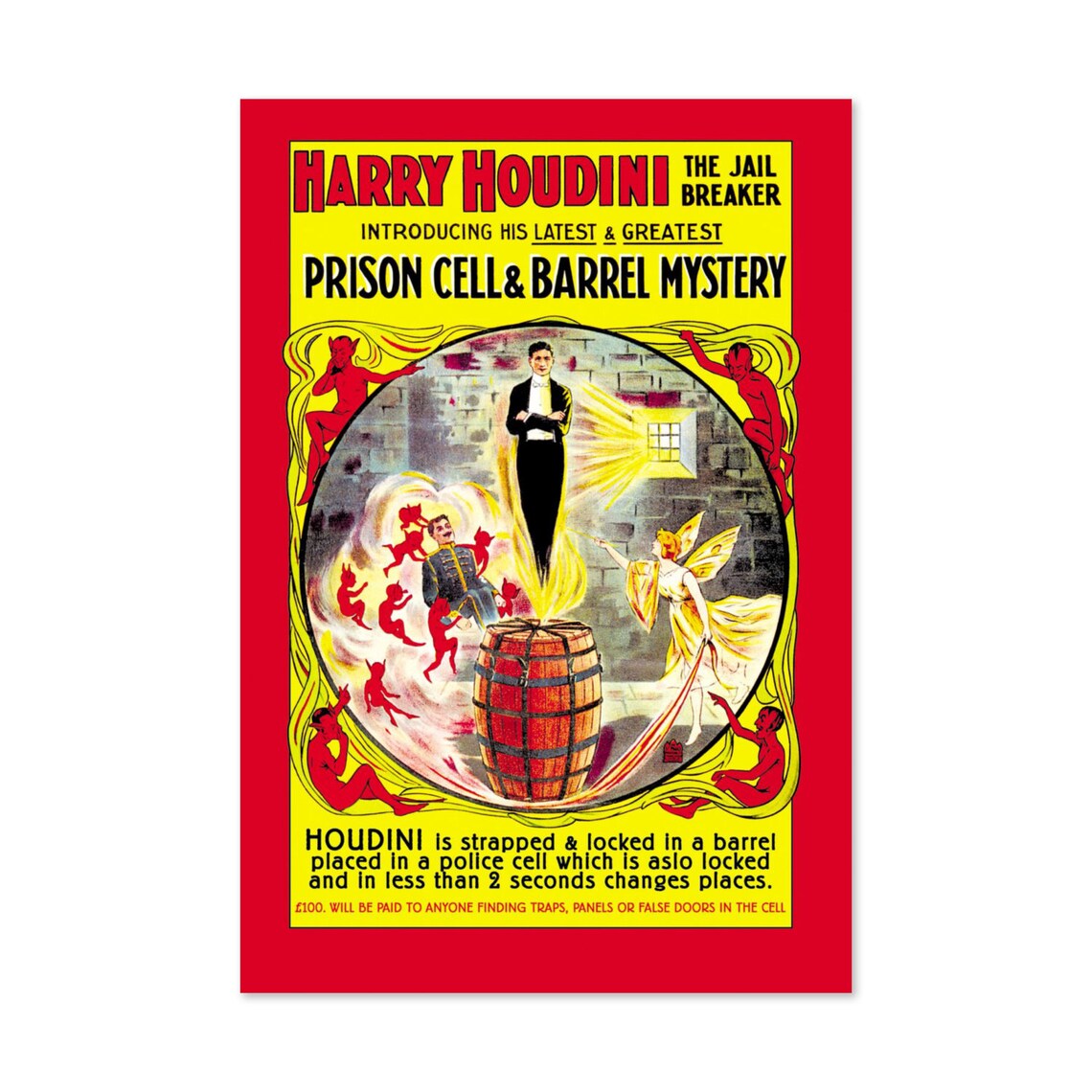 Harry Houdini Locked Barrel Escape, Vintage Magic Art Print