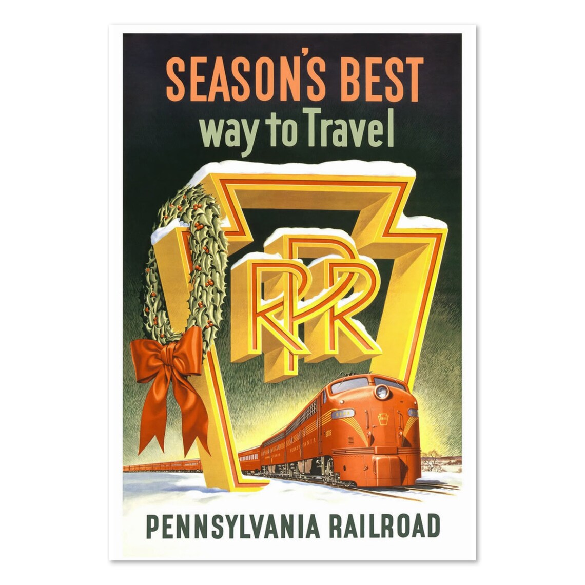 Pennsylvania Railroad Christmas Keystone Wreath Travel Poster