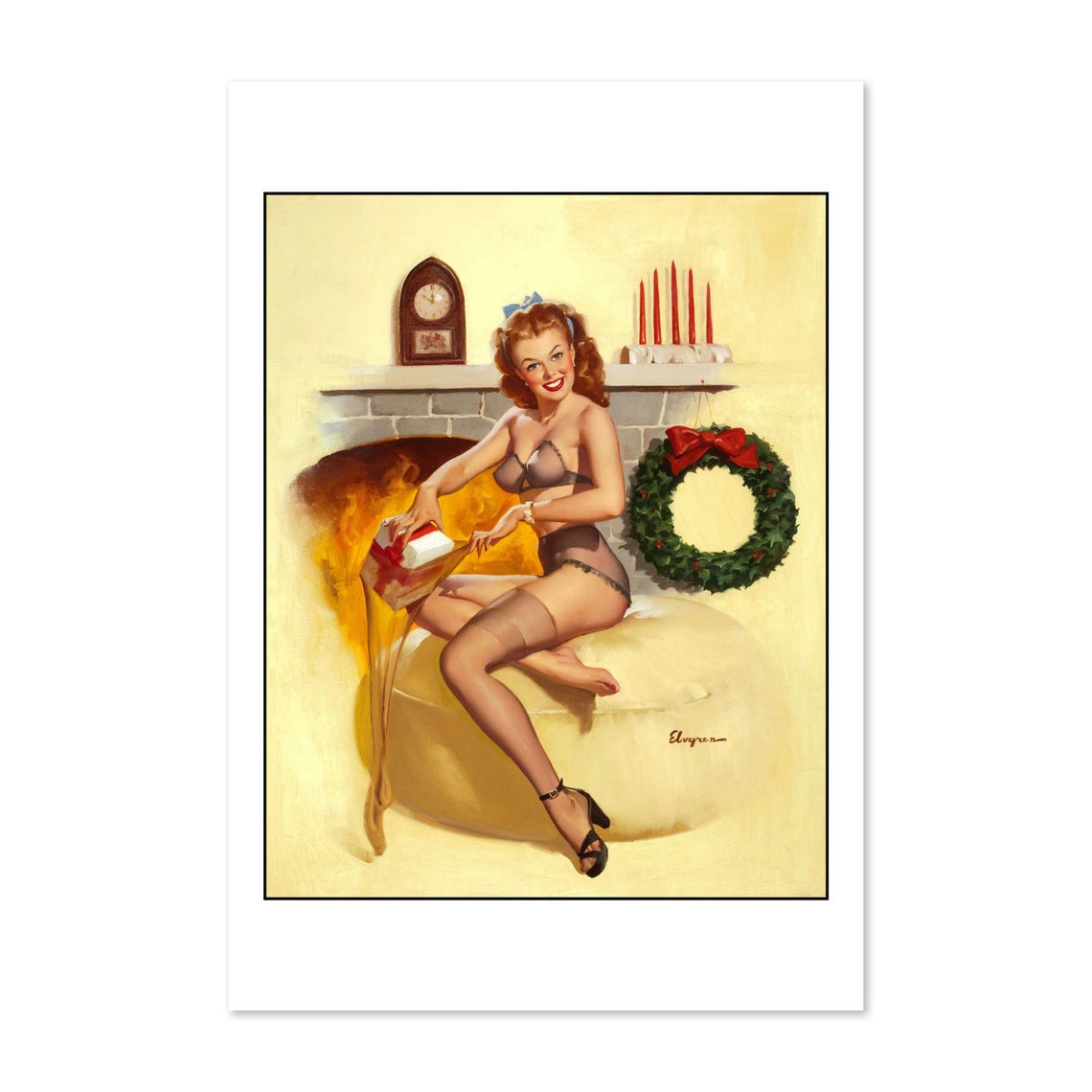 Gil Elvgren Stocking Stuffer Christmas Fireplace Pin-Up Poster