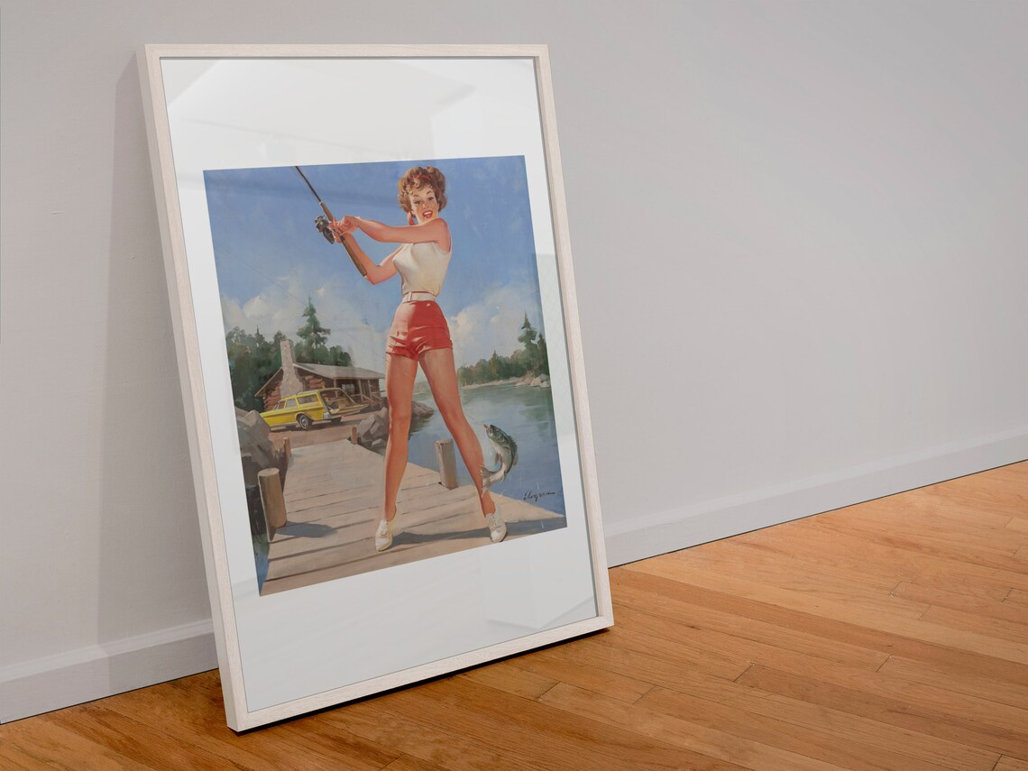Elvgren Pin Up Girl Fishing from a Dock Catching Bass Poster - Image 4