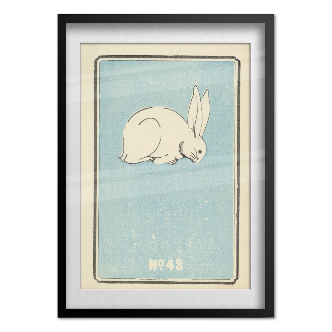 White Rabbit No 48 Minimal Japanese Woodblock Blue Background Poster - Image 4