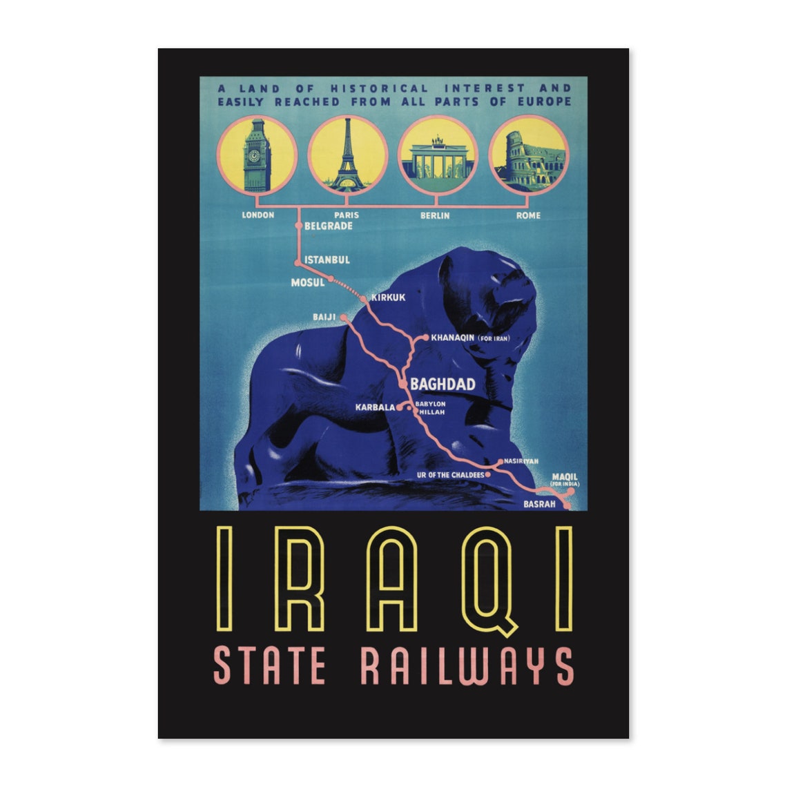 Iraqi State Railways Vintage Travel Poster Blue Lion Rail Map