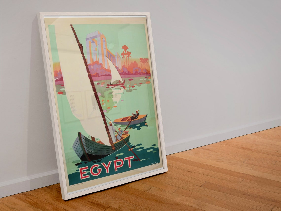 Egypt Vintage Nile River Travel Poster Felucca Sailboats Temple View - Image 4