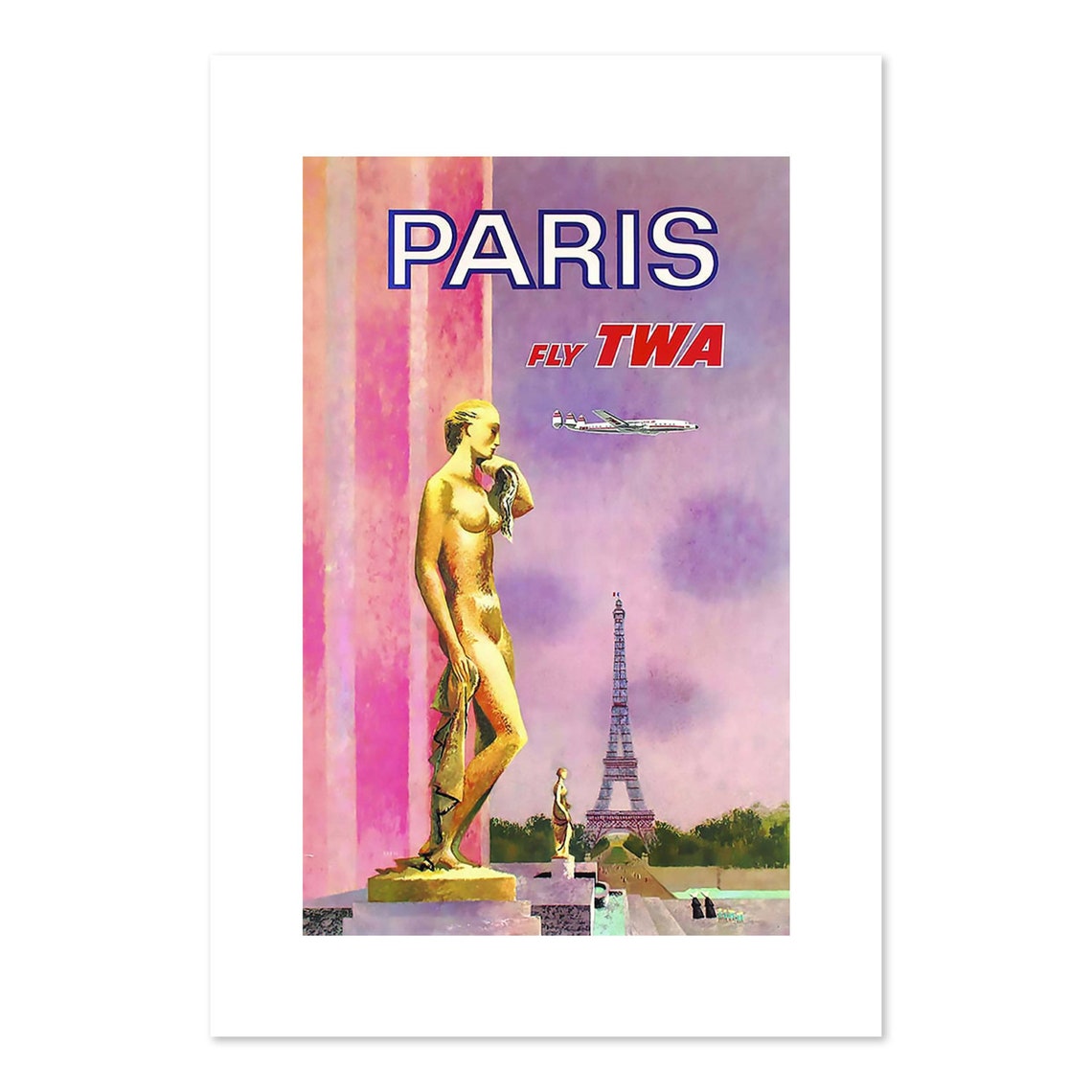 Paris Fly TWA Vintage Airline Eiffel Tower Golden Statue Poster