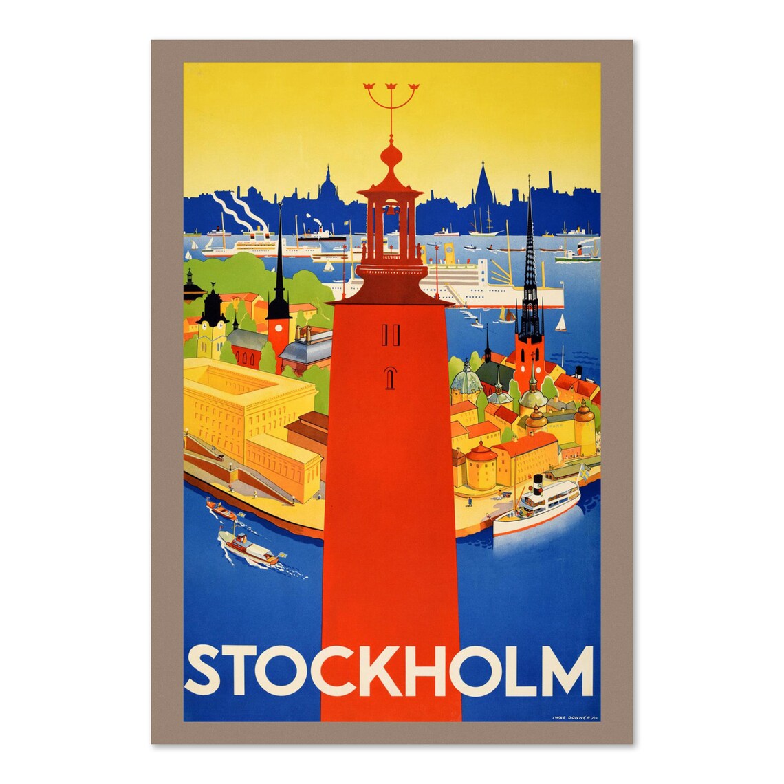 Stockholm Sweden Vintage Travel Poster City Hall Harbor View