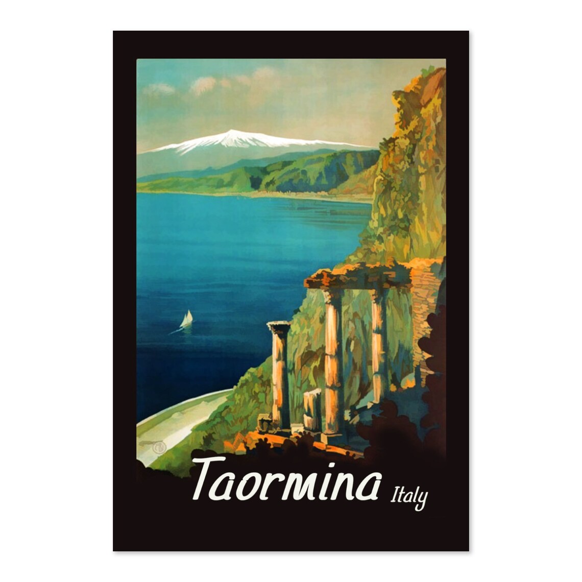 Taormina Italy Greek Theatre Ruins and Mount Etna Travel Poster