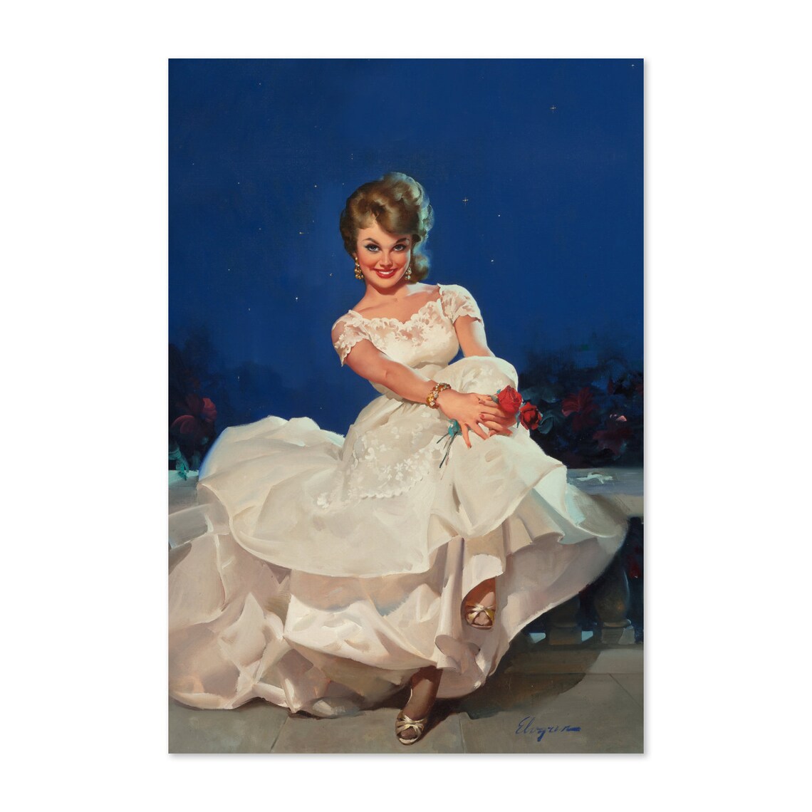 Gil Elvgren Moonlight and Roses 1965 Pin Up Girl Portrait Poster