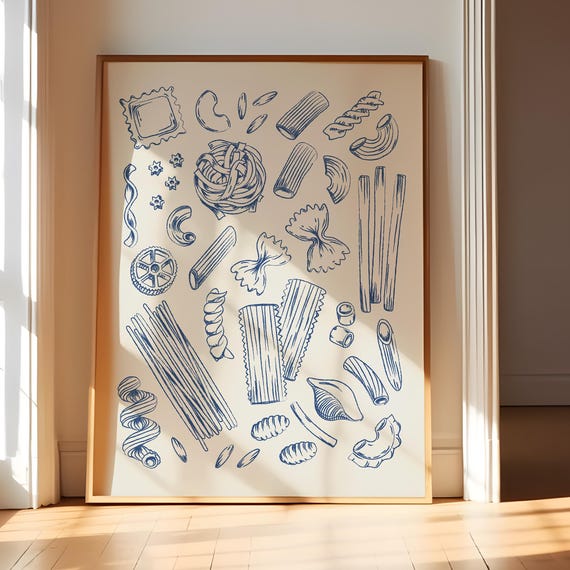 Blue Pasta Food Illustration, Italian Kitchen Art Print