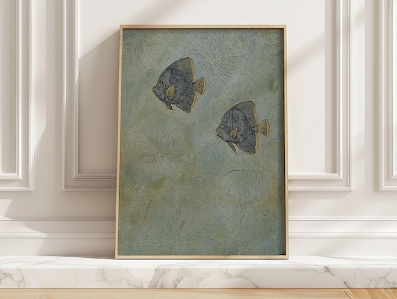 Dark Angelfish Pair Teal Waves Japanese Underwater Art Poster
