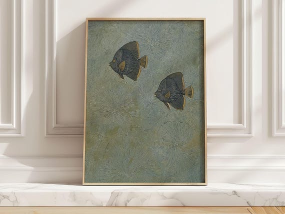 Underwater Tropical Fish Poster Vintage Blue Coastal Angelfish Art Print Minimal Marine Bathroom Wall
