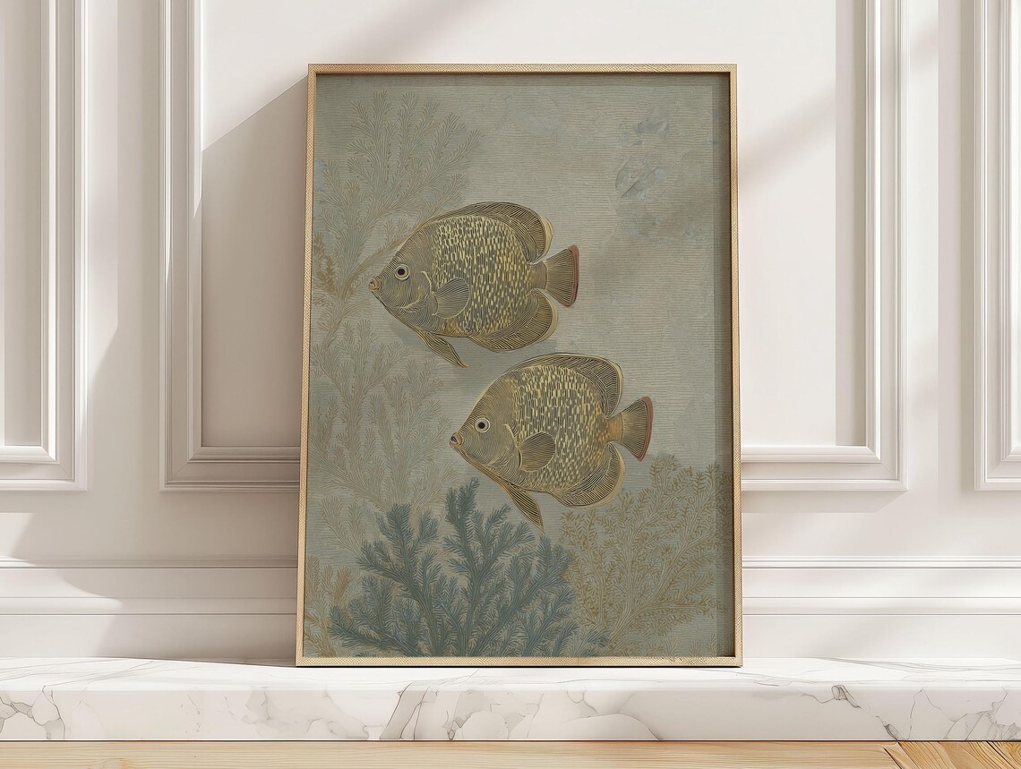 Golden Angelfish Pair Vintage Underwater Coral Seaweed Art Poster