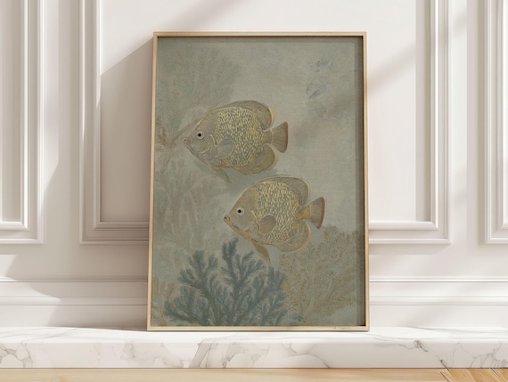 Golden Angelfish Pair Vintage Underwater Coral Seaweed Art Poster
