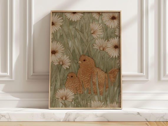 Fluffy Brown Chicken With Flowers Art Print Cute Baby Chicks In Daisy Meadow Poster Neutral Farmhouse Nursery Wall