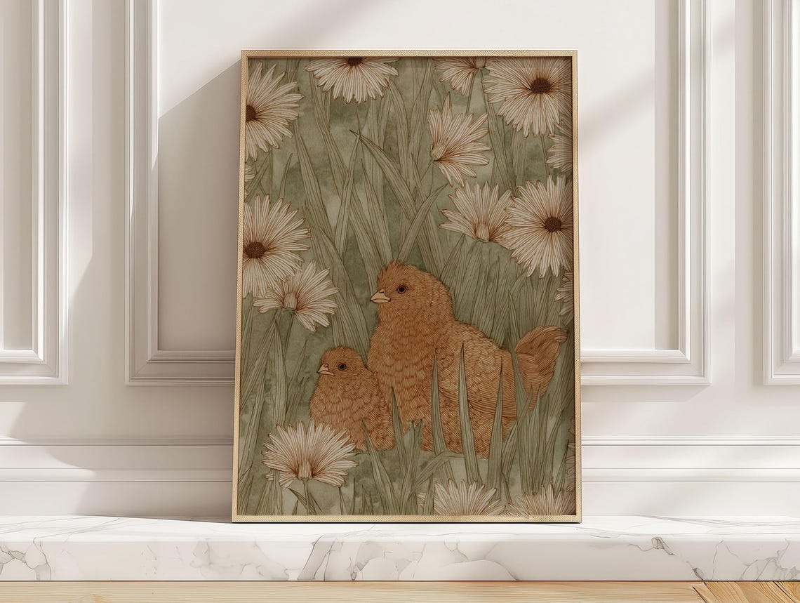 Fluffy Brown Hen Two Chicks Daisy Meadow Farmhouse Art Poster