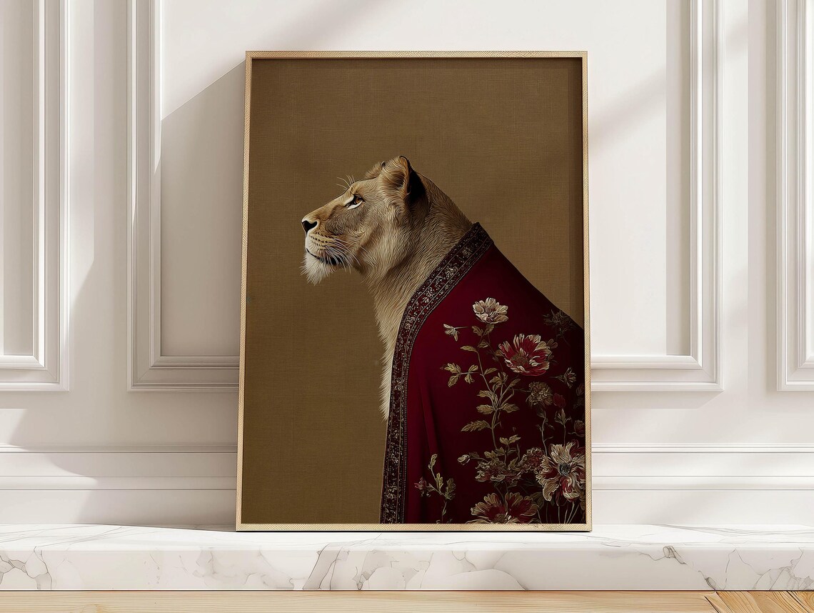 Elegant Lioness Portrait Burgundy Floral Cloak Classic Art Poster