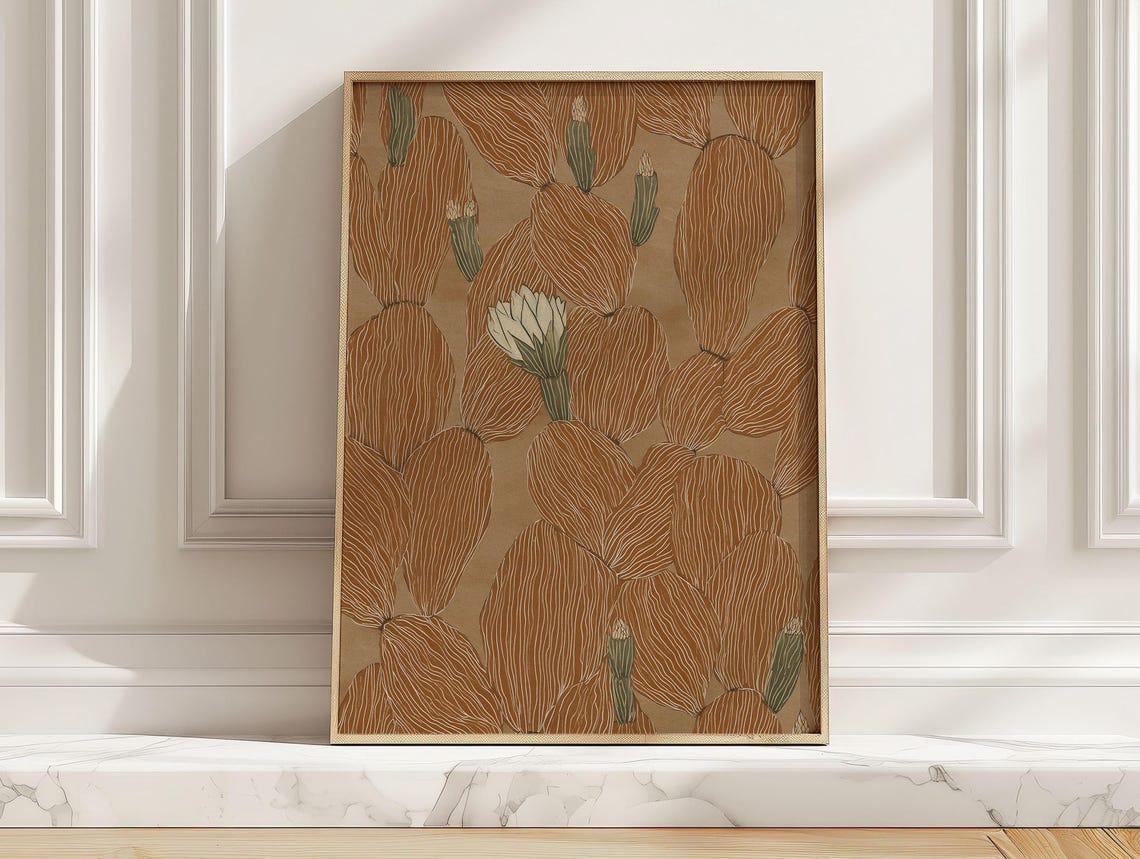 Prickly Pear Cactus Pads Terracotta Desert Bloom Earthy Art Poster
