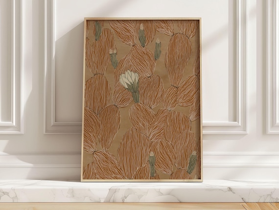Modern Abstract Cactus Line Art Print Prickly Pear Desert Flower Poster Earthy Burnt Orange For Western Living Room