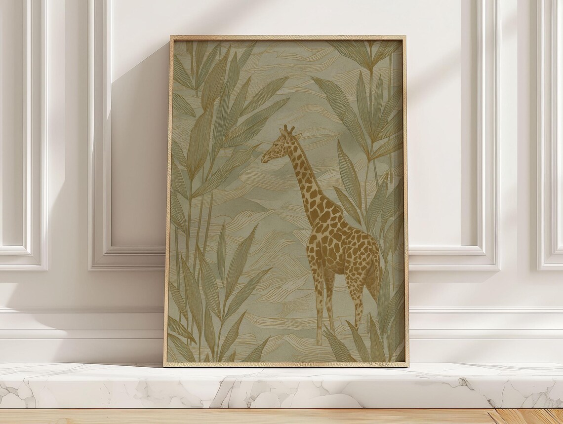 Safari Giraffe Standing Among Tropical Foliage Vintage Wall Art