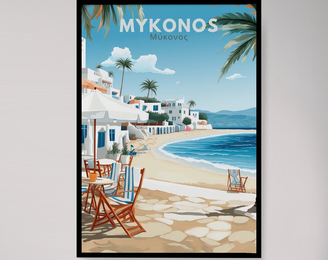 Mykonos Travel Poster Mykonos Poster Mykonos Illustration Travel Poster Europe Beaches Greek Travel Poster Colorful Travel Poster - Image 7