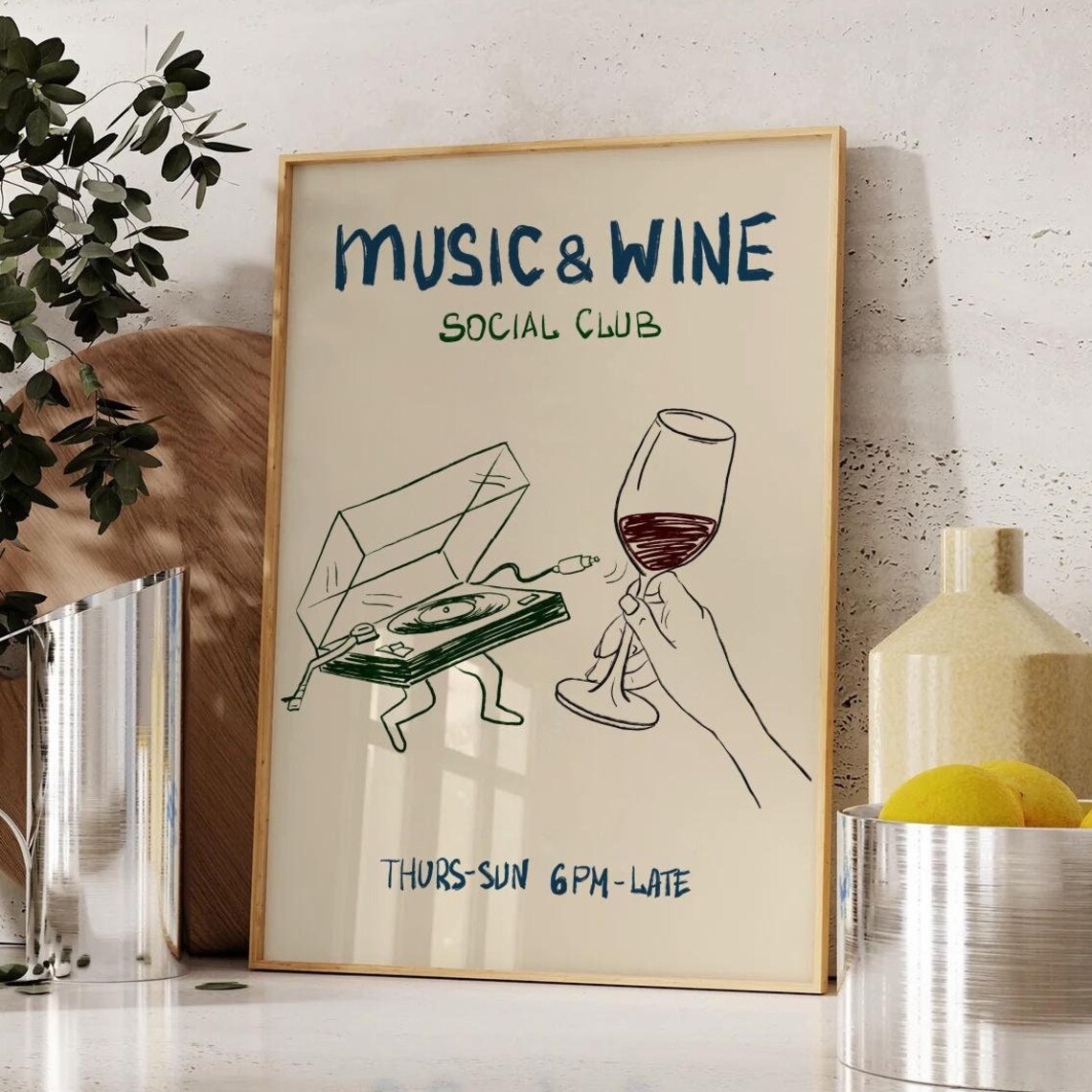 Hand Drawn Kitchen Wine Music Retro Art Print